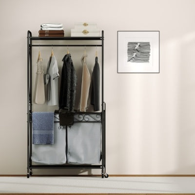 Multi Functional Laundry Hamper Organizer With Hanging Rail And Storage Shelf Rolling Laundry Cart With Wheels, Heavy Duty Metal Frame For Bathroom, Laundry Room, Or Bedroom Organization