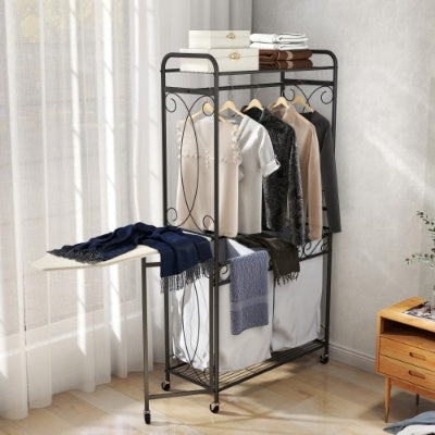 Multi Functional Laundry Hamper Organizer With Hanging Rail And Storage Shelf Rolling Laundry Cart With Wheels, Heavy Duty Metal Frame For Bathroom, Laundry Room, Or Bedroom Organization
